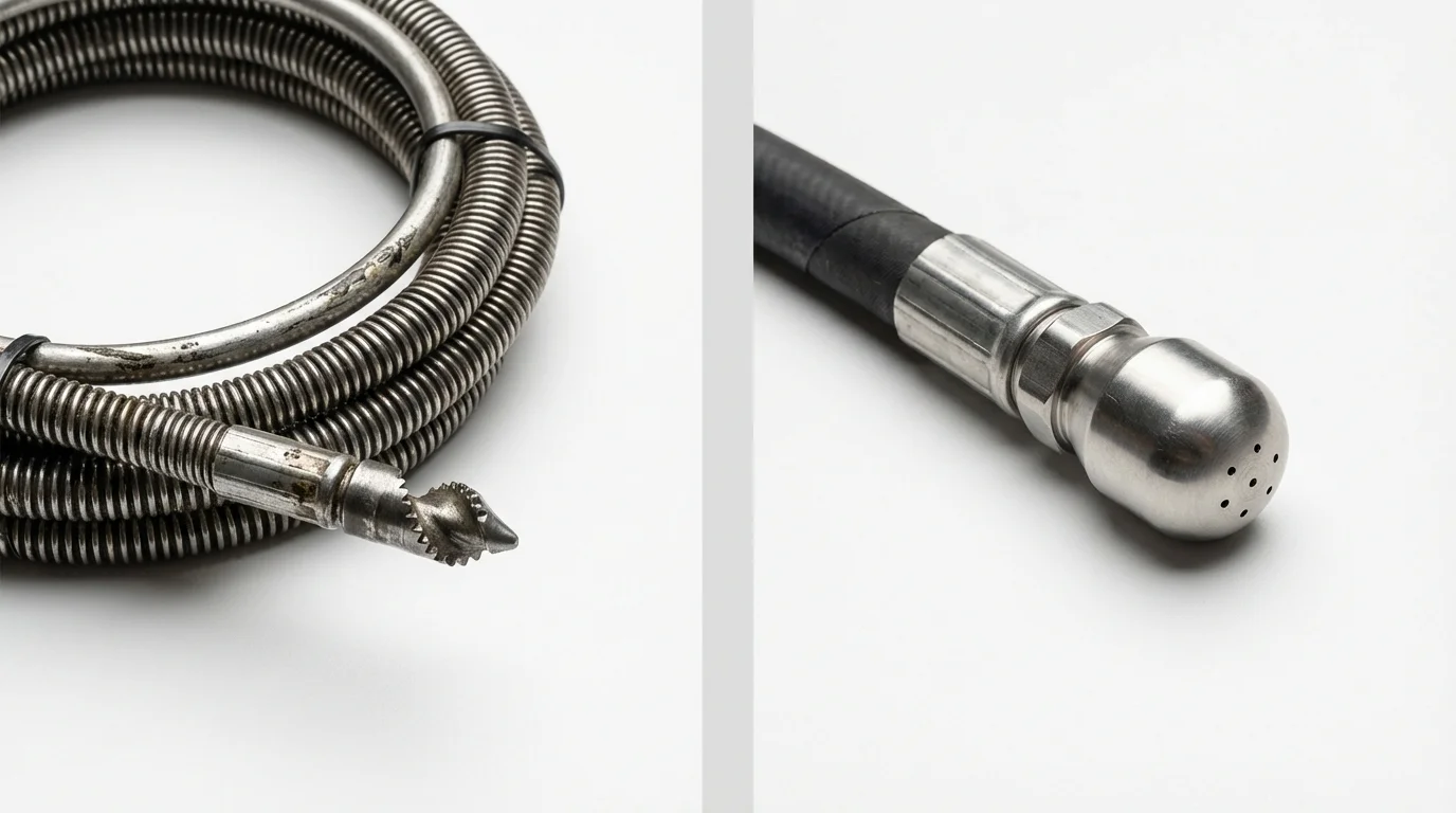 Drain snake cable and hydro jetting nozzle used for drain cleaning in Roosevelt, UT