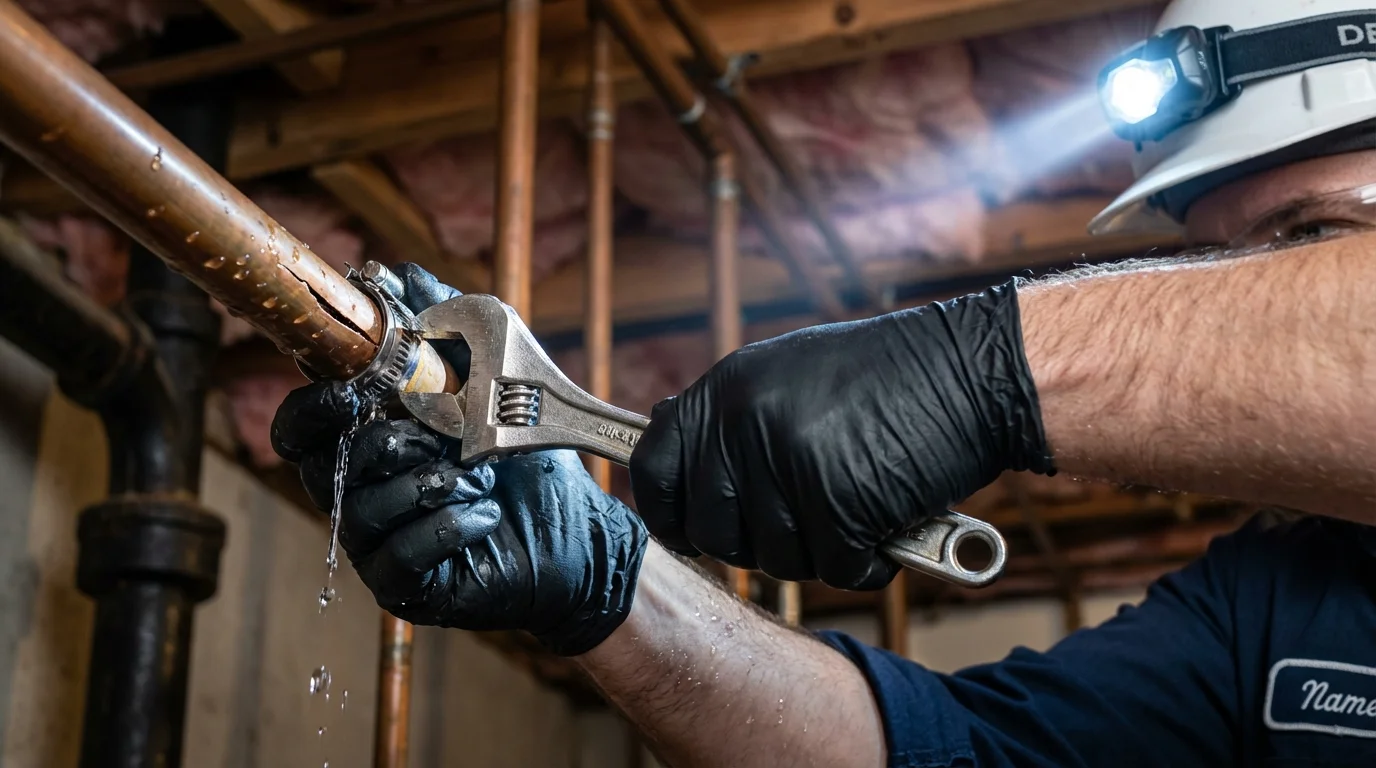 Emergency pipe clamp repair being performed by a Johns Plumbing LLC plumber in Roosevelt