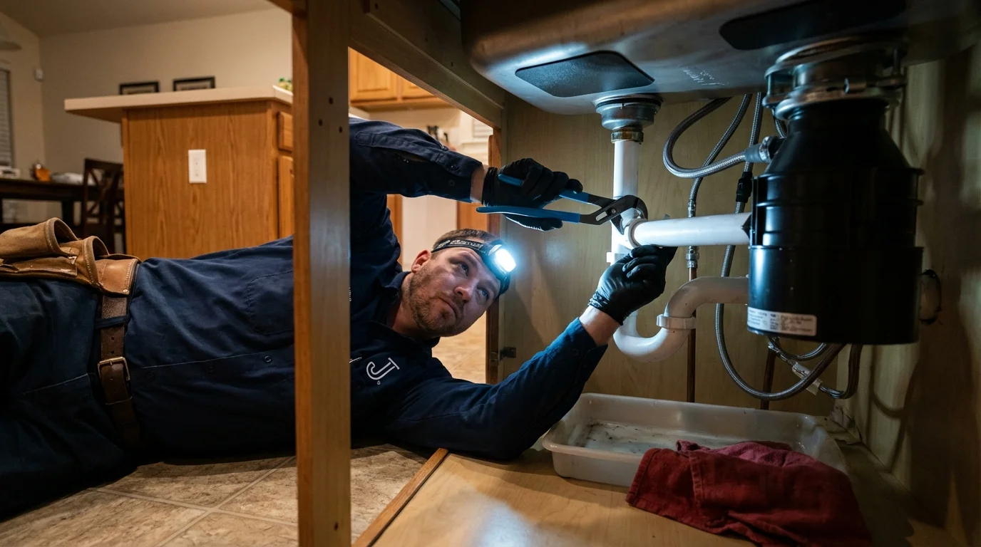 P-trap and supply line connections under a kitchen sink showing a common leak point in Roosevelt, UT